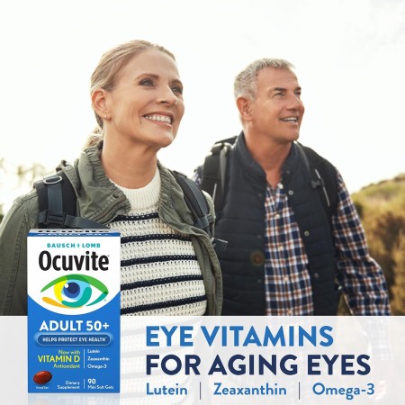 Bausch + Lomb Ocuvite Adult 50+ Suplemento de vitaminas y minerales con luteína, zeaxantina y omega-3, geles suaves, 90 unidades