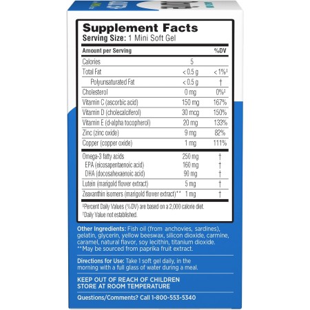 Bausch + Lomb Ocuvite Adult 50+ Suplemento de vitaminas y minerales con luteína, zeaxantina y omega-3, geles suaves, 90 unidades