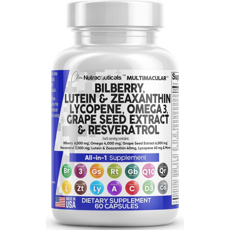 Vitaminas para la salud ocular con arándano, 6000 mg de luteína y zeaxantina, 40 mg de licopeno, 40 mg de resveratrol, 3000 mg