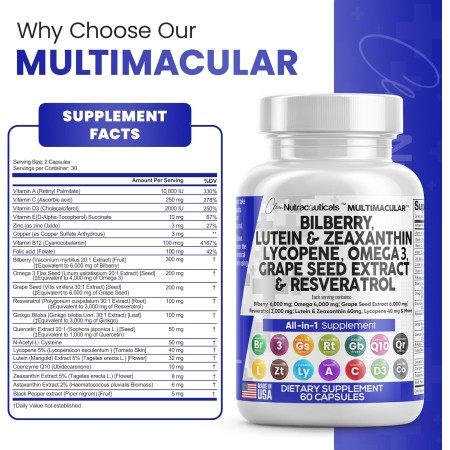 Vitaminas para la salud ocular con arándano, 6000 mg de luteína y zeaxantina, 40 mg de licopeno, 40 mg de resveratrol, 3000 mg