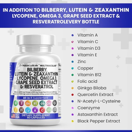 Vitaminas para la salud ocular con arándano, 6000 mg de luteína y zeaxantina, 40 mg de licopeno, 40 mg de resveratrol, 3000 mg