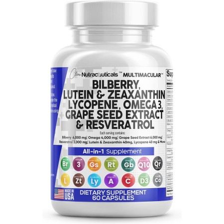 Vitaminas para la salud ocular con arándano, 6000 mg de luteína y zeaxantina, 40 mg de licopeno, 40 mg de resveratrol, 3000 mg