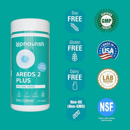 UpNourish AREDS 2+ - Suplemento avanzado de vitamina ocular para salud macular y ojo seco - Luteína, zeaxantina, azafrán,