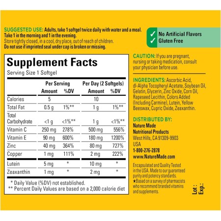 Nature Made Visión basada en la fórmula AREDS 2, vitaminas oculares con luteína y zeaxantina, vitamina C, vitamina E, zinc y