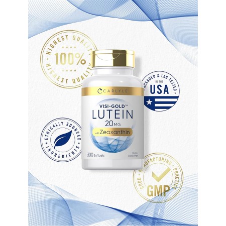 Luteína y zeaxantina 20 mg | 300 cápsulas blandas | Vitaminas para la salud ocular | Suplemento sin OMG y gluten | por Carlyle