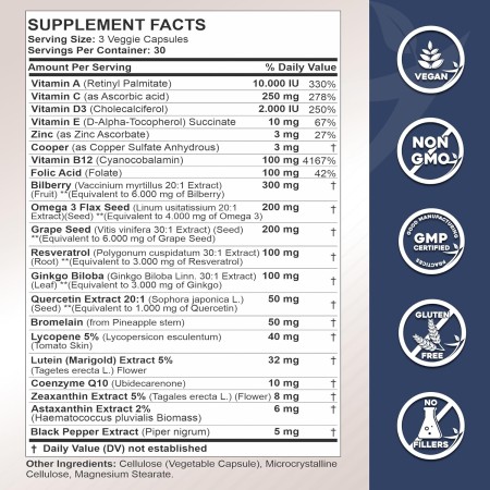 Suplementos de luteína y zeaxantina - Vitaminas para la salud ocular - Astaxantina, Omega 3, resveratrol, arándano, licopeno,