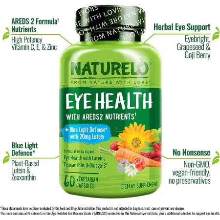 NATURELO Vitaminas para los ojos – AREDS 2 Formula Nutrientes con luteína, zeaxantina, vitamina C, E, zinc y DHA – Suplemento